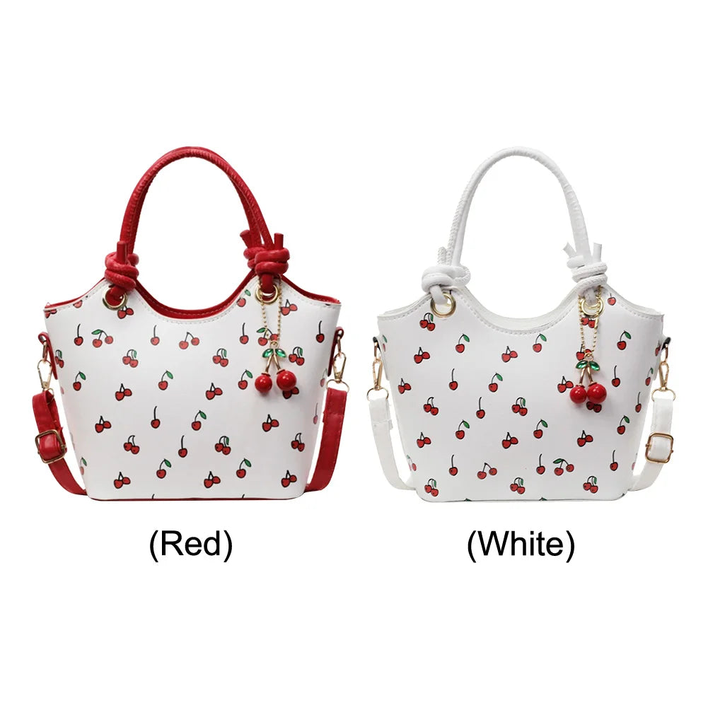 PU Leather Bucket Cherry Printed Crossbody Bag for Women Trendy Top-handle Bag Stylish Small Tote Handbag with Adjustable Strap