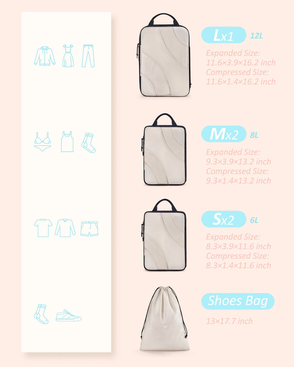 BAGSMART 6 Set Compression Packing Cubes for Travel Lightweight Suitcase Organizers Bag Set Travel Cubes for Luggage