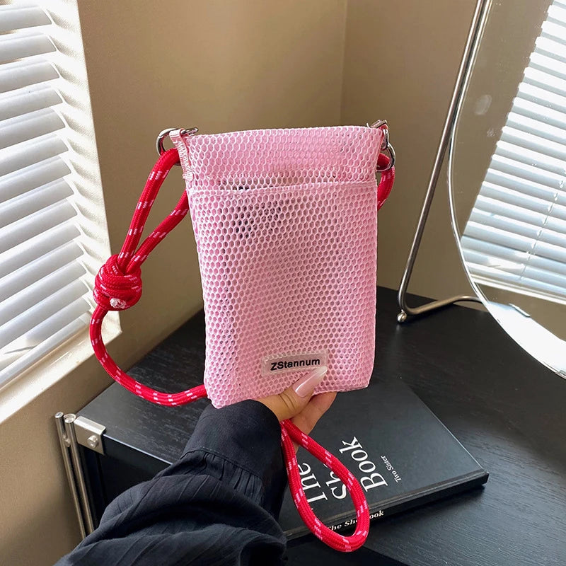 Sweet and Fresh Mobile Phone Bag for Women2025New Summer Hollow Out Single Shoulder Bag Crossbody Mesh Portable Storage Bag