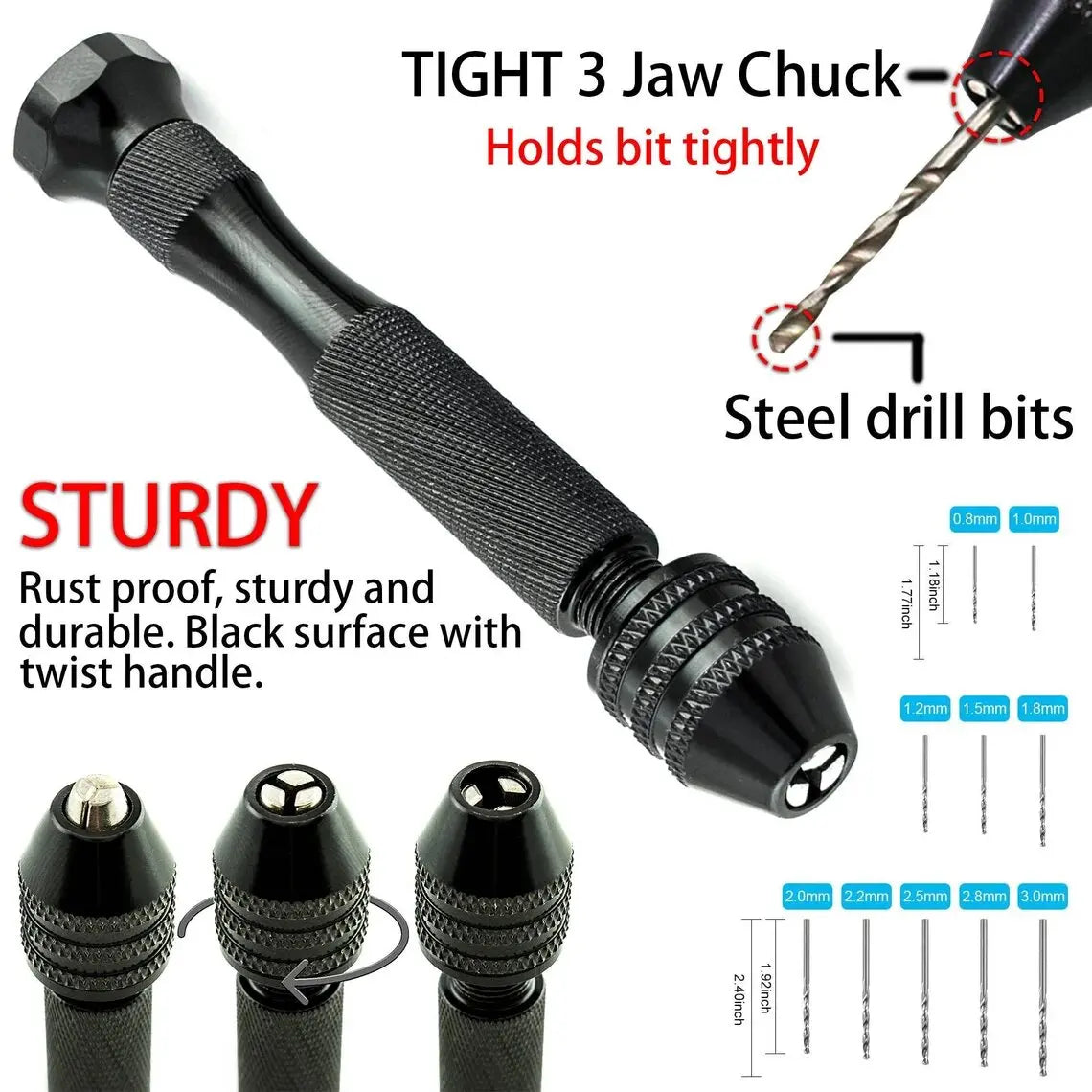 Hand Drill Set - Manual Pin Vise with 10 Mini Drill Bits 0.8 - 3 mm for  Jewelry MakingResin, Hobby Projects Push Hand Drill