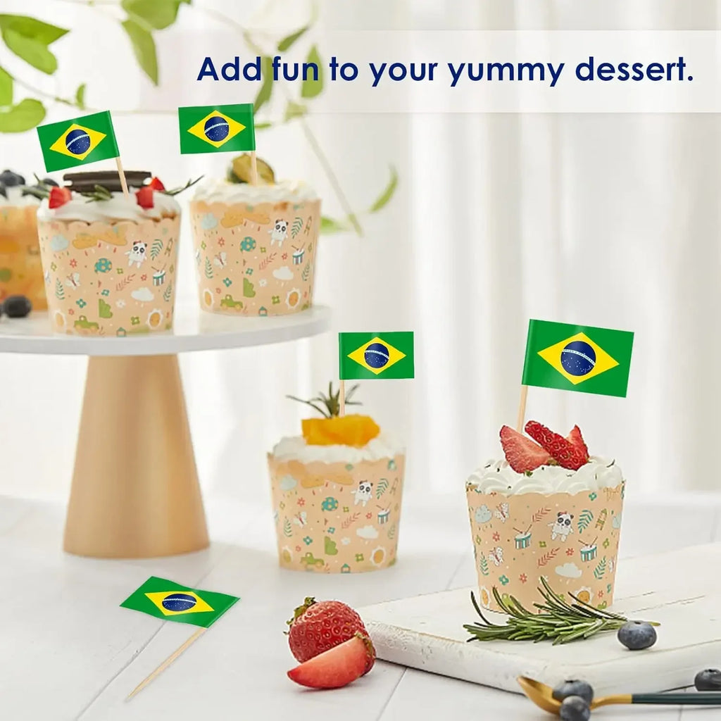 Brazil Flag Toothpick Flags Picks, 100Pcs Small Tiny Brazil Cupcake Toppers Stick Flags National Day, Birthday Party Decorations