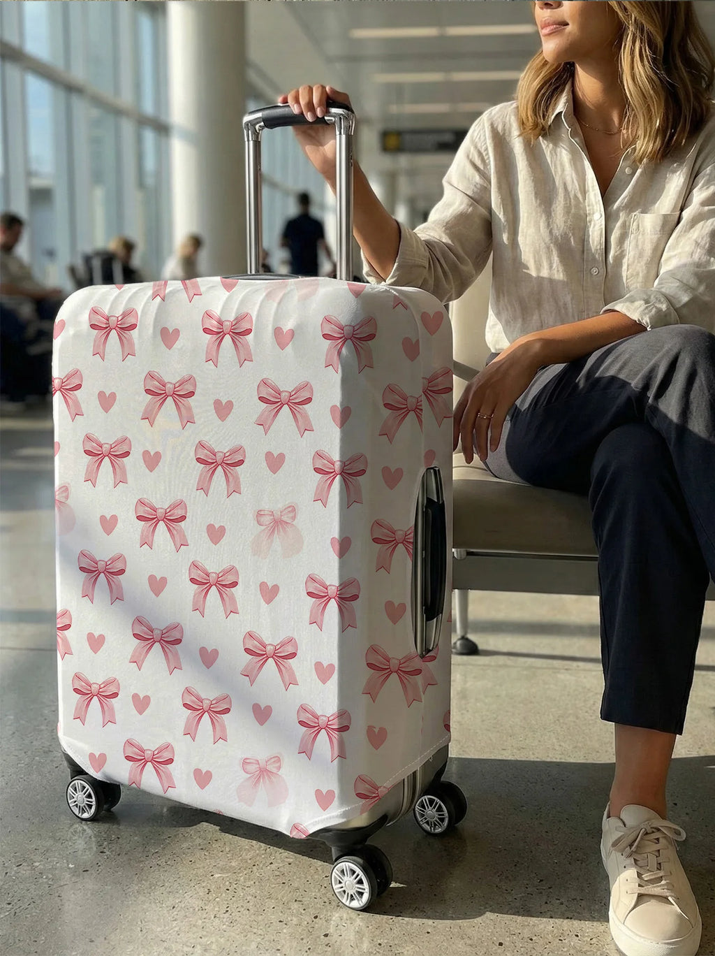 White Base Pink Bow Heart Full Print Luggage Cover, Suitable for 18-32 Inch Luggage Cover, Luggage Handle Glove, Travel Accessor