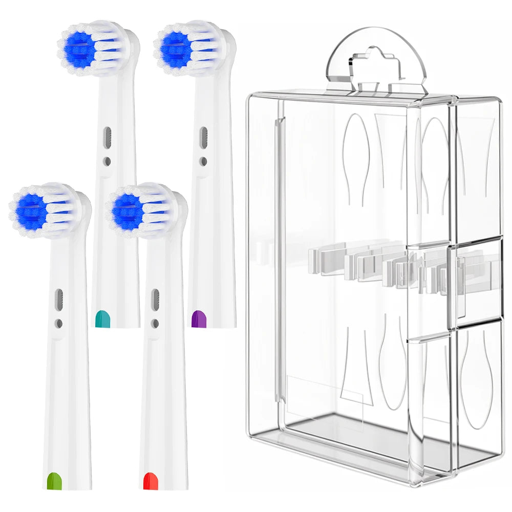 Toothbrush Head Protective Box Travel Container and 4x Soft Replacement Brush Heads Compatible with Oral B Electric Toothbrushes