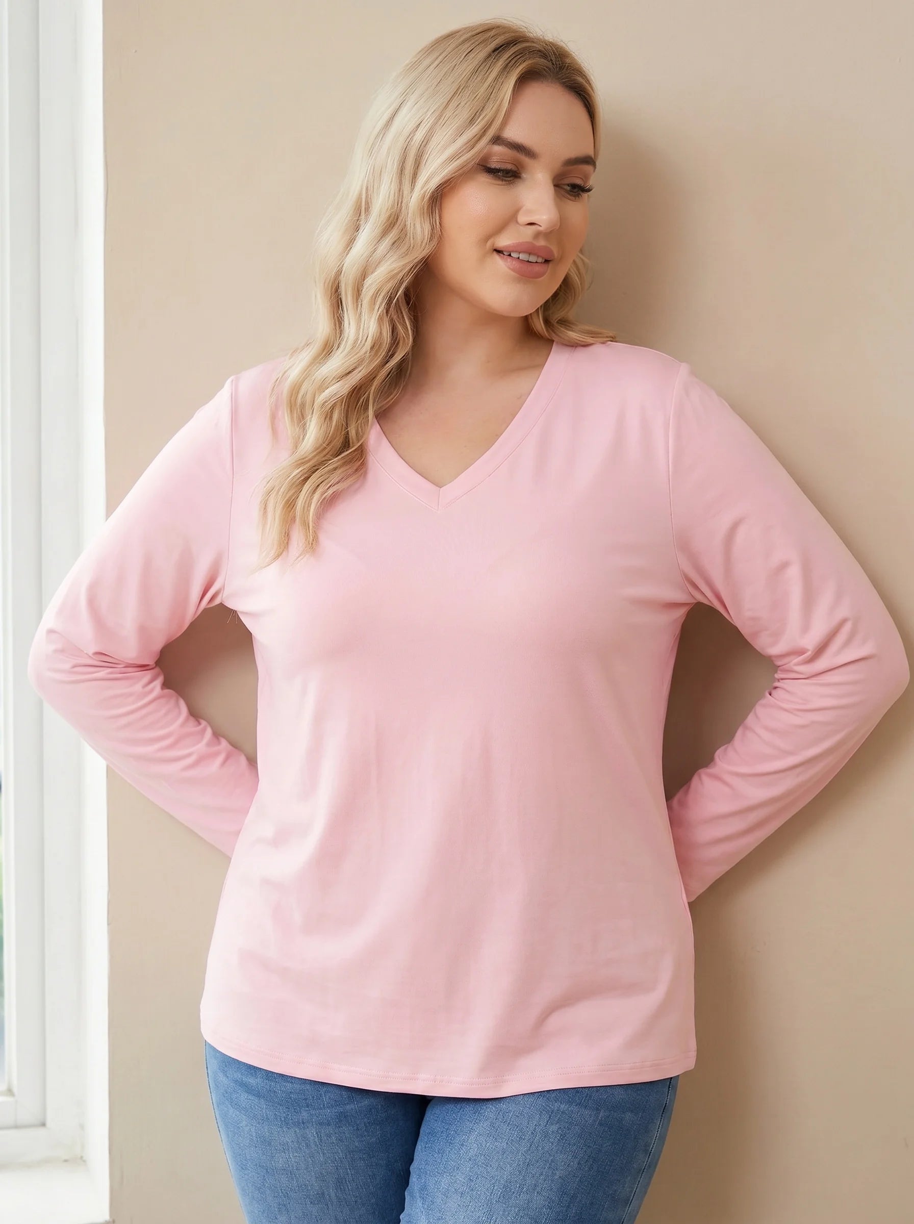 Gadinus Plus Size Women's V Neck Long Sleeve T Shirt Casual Loose Fit Basic Top