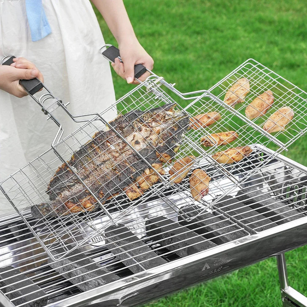 Folding Portable Outdoor Camping Stainless Steel BBQ Rack with Removable Handle Grilling Basket Barbeque Griller Cooking Tools