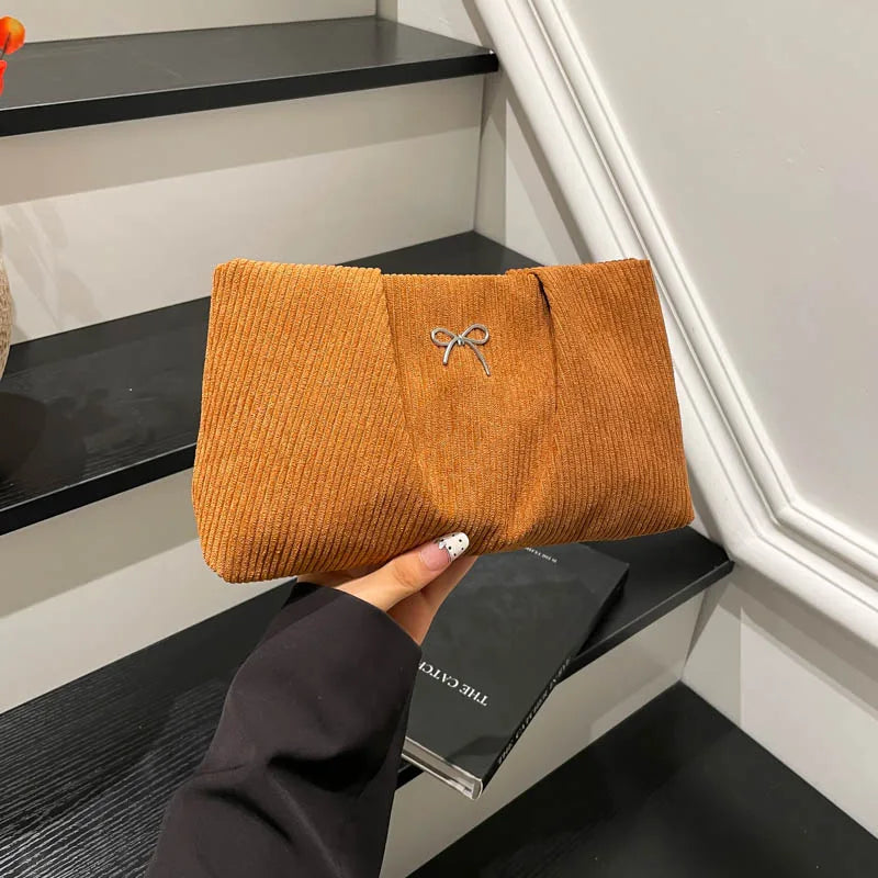 Bow Decoration Corduroy Women's Bag Female Large Capacity Cosmetic Bag Fashion Clutches Purse For Women