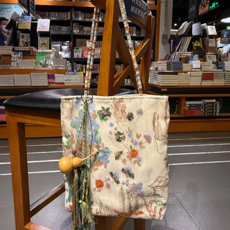 2026 New Chinese Style Embroidery Canvas Tote Bag Large Capacity Single Shoulder Commuter Handbag Shopping Bag for Women