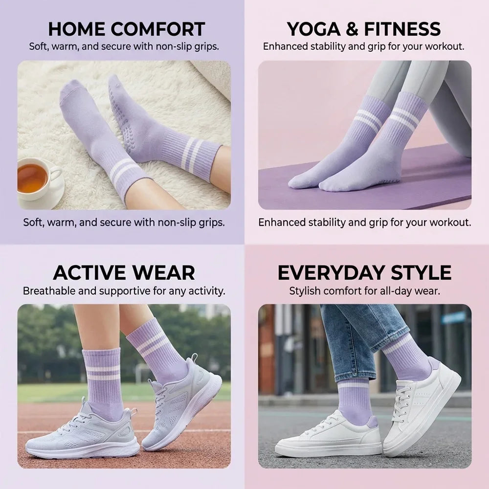 3pairs  Grip Socks for Women, Non Slip Pilates Yoga Socks with Double Stripes Non Slip Socks for Workout, Ballet, Athletic Socks