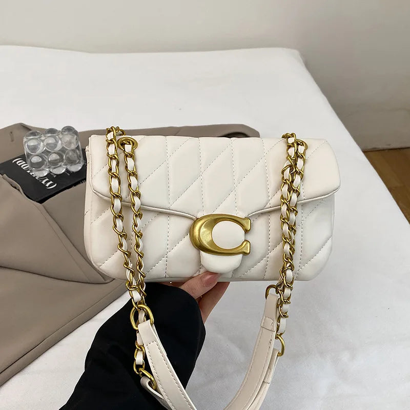 Women Quilted Leather Shoulder Bag Luxury C Logo Gold Chain Crossbody Bag Designer Small Flap Handbag Vintage Black Evening Clut
