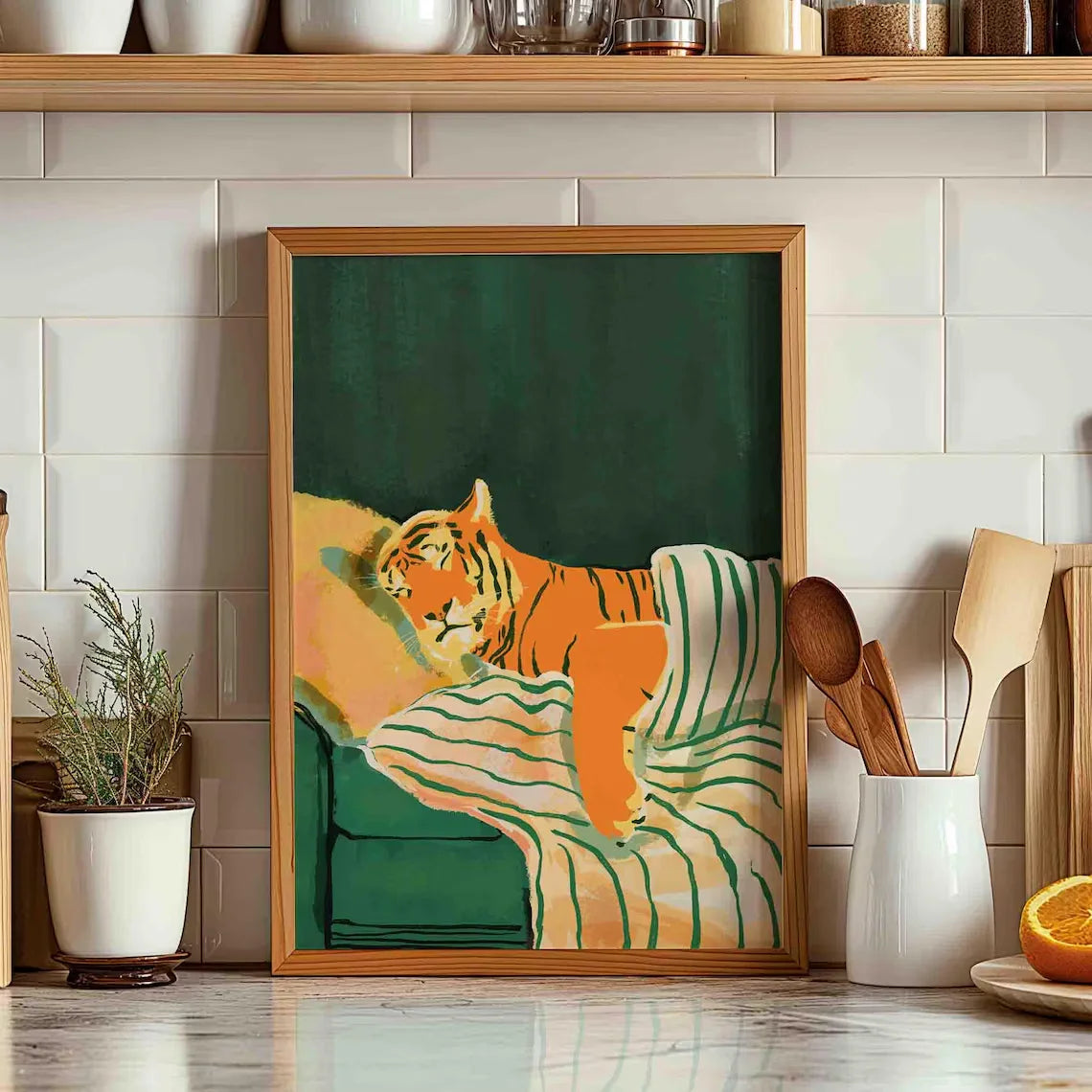 Emerald Green Tiger Art Print, Modern Animal Print, Dark Green Home Decor, Aesthetic Artwork, Green and Orange Painting, Shipped