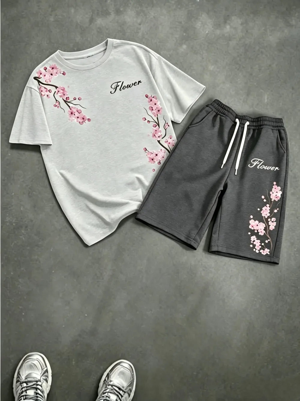 American men's summer cherry blossom print comfortable breathable round neck T-shirt drawstring shorts set outdoor casual wear