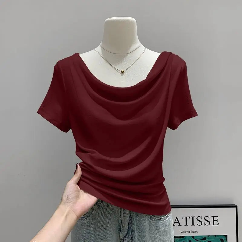 Summer Thin Slash Neck Short Sleeved T-shirt Feminine Temperament Summer Irregular Slim Fit Spicy Top Plus Size Women Clothing