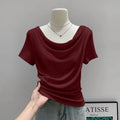 Summer Thin Slash Neck Short Sleeved T-shirt Feminine Temperament Summer Irregular Slim Fit Spicy Top Plus Size Women Clothing