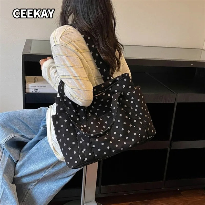 CEEKAY Small Dot Soft Canvas Hobo Bag Rectangular Open Top Multi Compartment Lightweight Ladies Casual Daily Hand Tote Purse