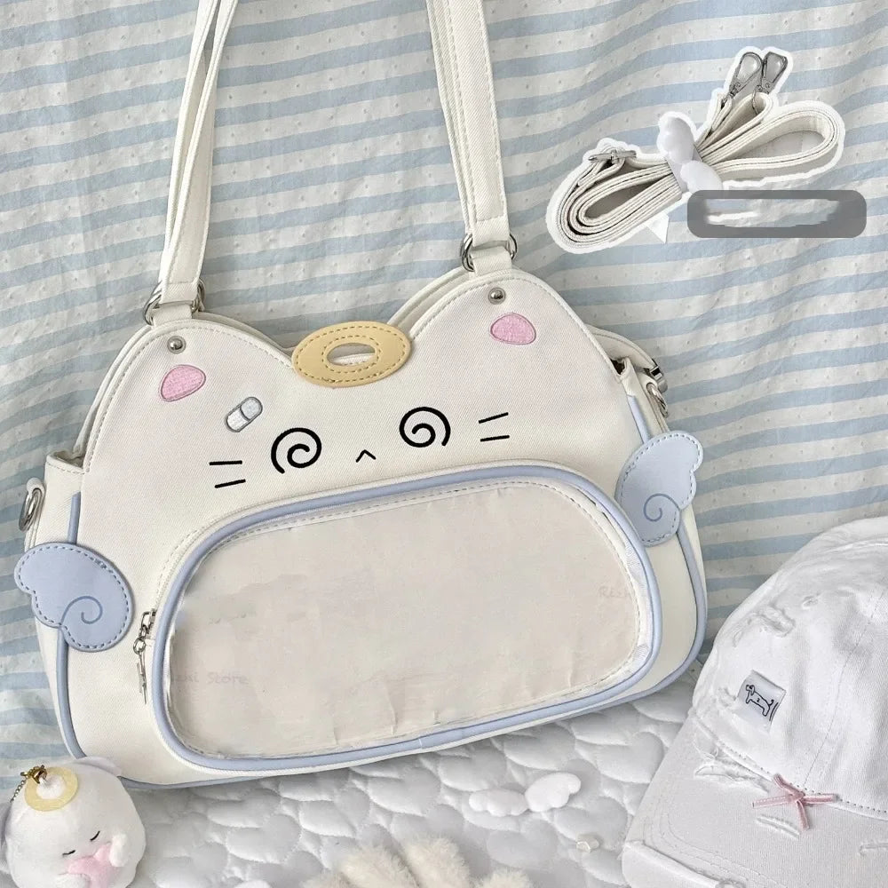 Zipper Bag Kawaii Cat Itabag Cotton  Bag PU Transparent Pocket Badge Storage Bag Small Item Bag Fashion Backpacks Outdoor