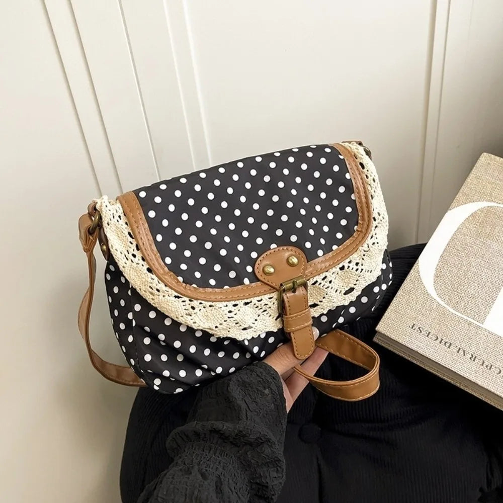 New Polka Dot Crossboby Bag Canvas Lace Trim One-Shoulder Bag Vintage Casual Commuting Bag for Women