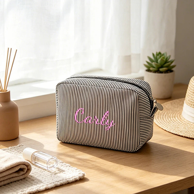 Customised Embroidery/Standard Style 2 Options, High-Look Striped Clutch, Large Capacity Makeup Bag, Back-to-School Season! Gift