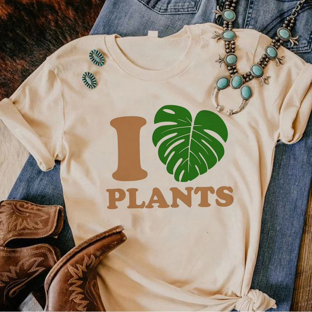 Plus Size Plants Love Printed Tee Women Streetwear Summer Top Female Round Neck T-Shirt Short Sleeve for Daily Wear Casual Tees
