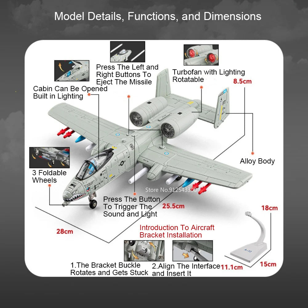1:32 A-10 Thunderbolt II‌ F-14 Fighter Model Toy Foldable Wheels Metal Body Airplane Sound Light Models Gifts for Children
