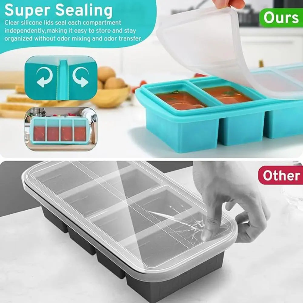 Set/Pcs Silicone Large Ice Cube Tray Non-stick Soup Freezer Container Freezing Tray with 4 Compartments for Storing with Lid