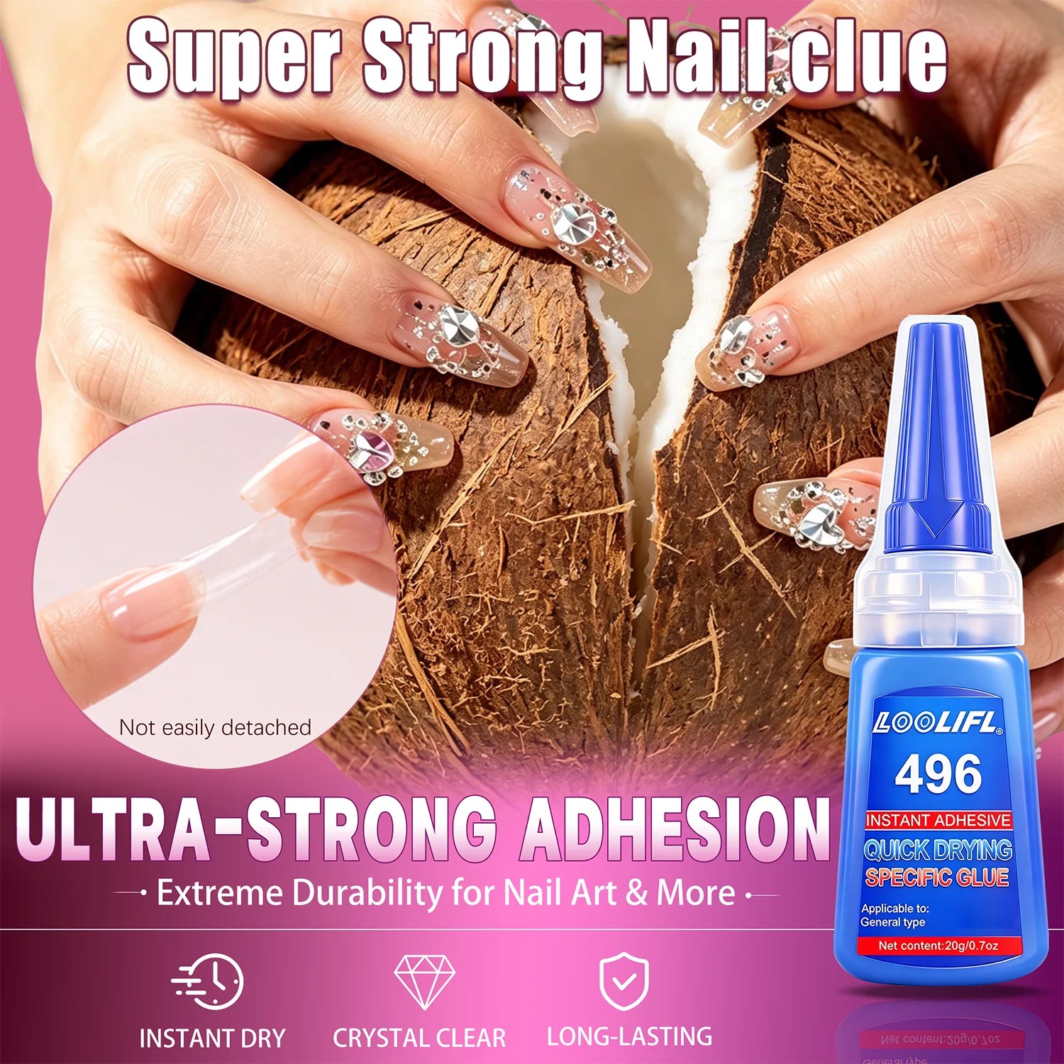 LOOLIFL Quick Drying Adhesive Nail Glue Professional Nail Glue for False Nails Acrylic Nail Rhinestone Decoration Extension Glue