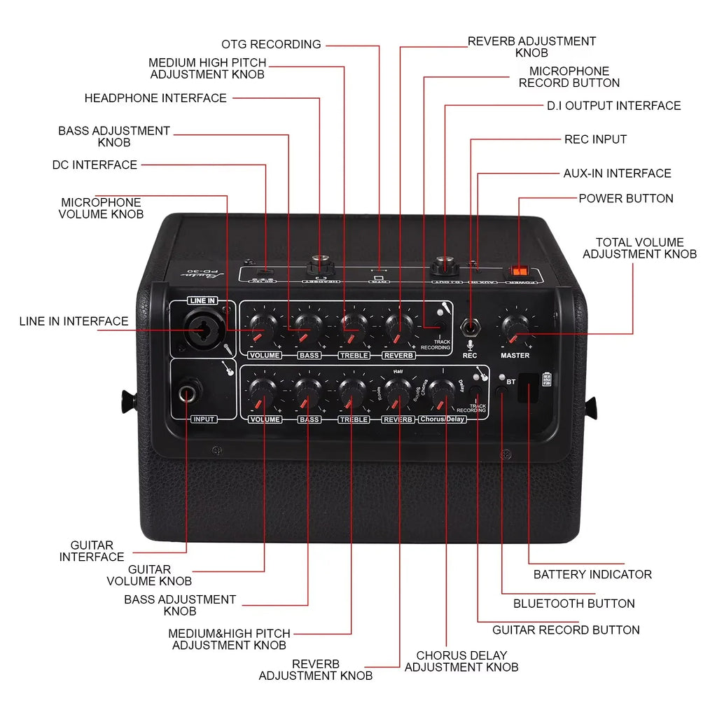 Rowin 15W PE-10S 30W PD-30 Bass Guitar Amplifier Multi-Function OTG BT Battery Buildin Combo Amp Reverb Chorus Multi effect