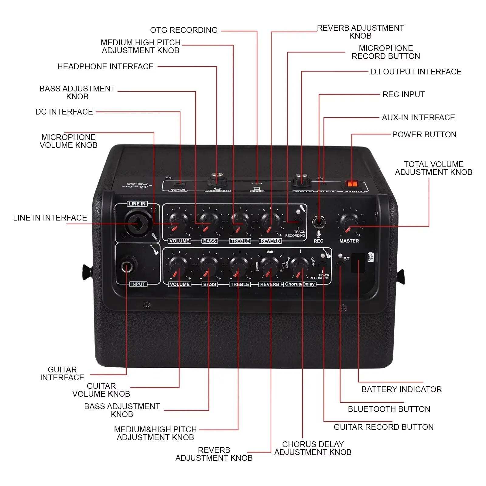Rowin 15W PE-10S 30W PD-30 Bass Guitar Amplifier Multi-Function OTG BT Battery Buildin Combo Amp Reverb Chorus Multi effect
