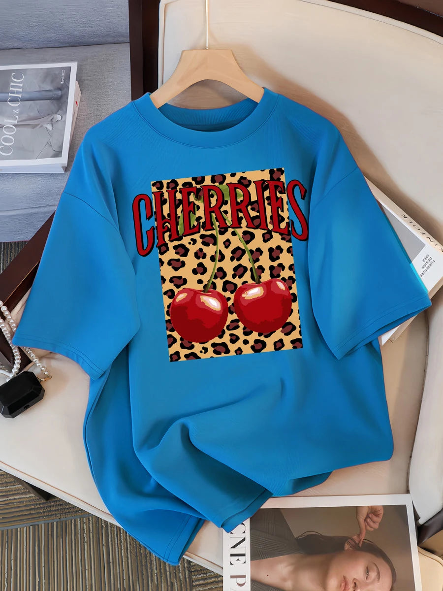 Plus Size Leopard Cherry Creative Design Womens Tee Shirts Casual T Shirt Summer O-Neck Streetwear Soft Oversized Short Sleeve