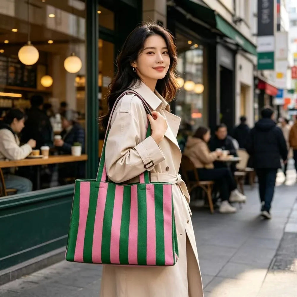 2026 New Bohemian Style Knitted Striped Woven Bag Large Capacity Yarn Handheld Tote Bag
