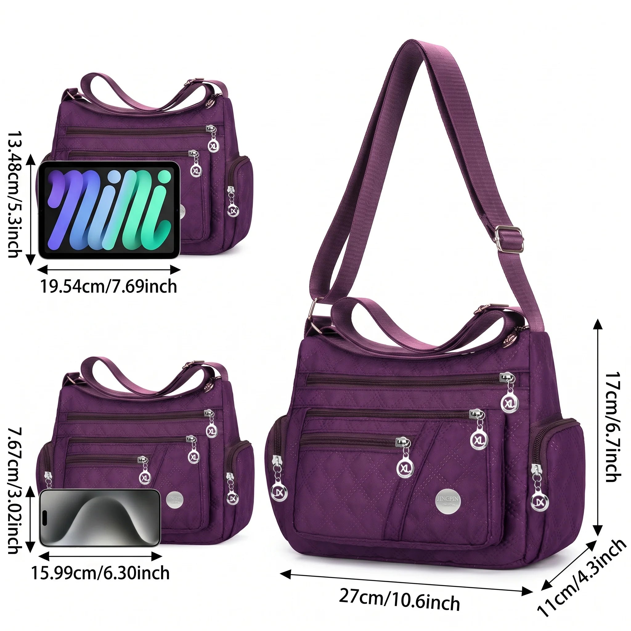 Water Resistant Nylon Multi Zipper Crossbody Bag Large Adjustable Strap Shoulder Purse for Mother Daily Outdoor Shopping Travel