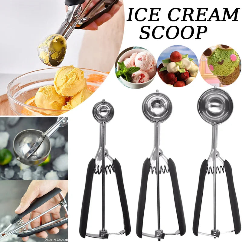 Stainless Steel Ice Cream Spoon 3/4/5cm 1pc Multifunctional Fruit Potato Mash Scoop with Spring Handle Kitchen Tool VIE LENTE