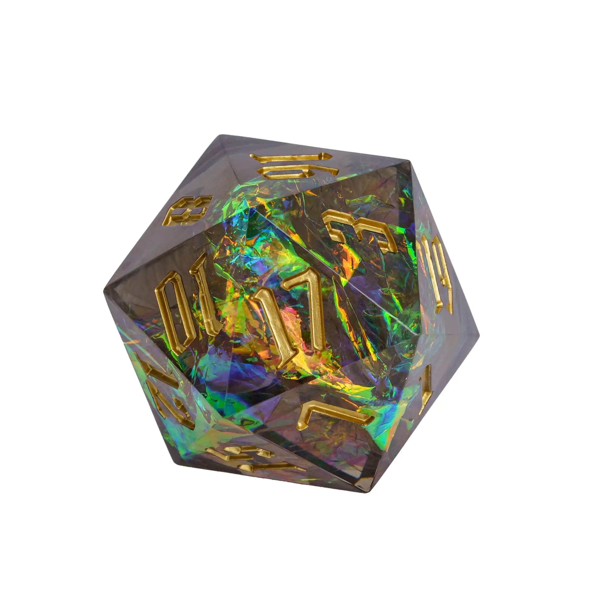 Cusdie 33mm Rainbow Film D20 Dice, 20 Sided Resin Sharp Edges Dice, Single D20 Polyhedral Dice, for Role Playing Board Game
