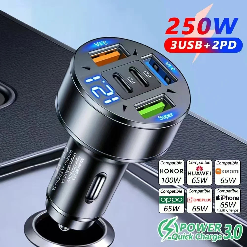 250W 5-in-1 PD QC3.0 Car Charger Fast Charging USB C for IPhone,Samsung Galaxy, IPad Pro, Multi-Port Cigarette Lighter Adapter