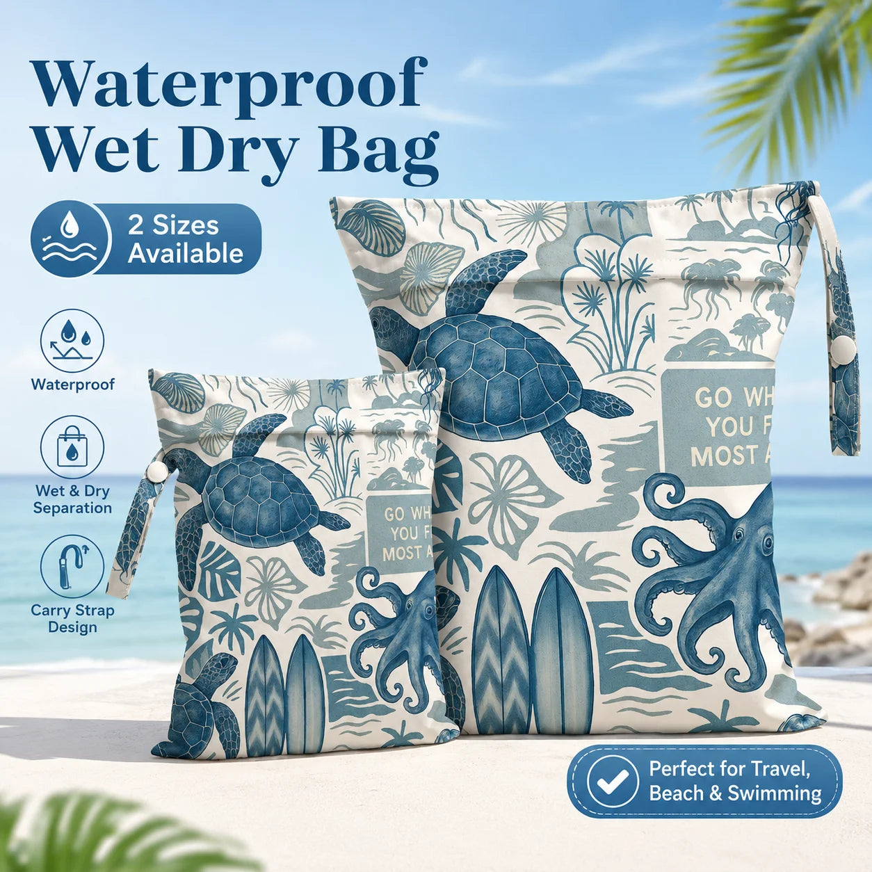 Ocean Turtle Waterproof Wet Dry Bag, Portable Zipper Swim Pouch for Women Travel Beach Pool, Reusable Storage Bag