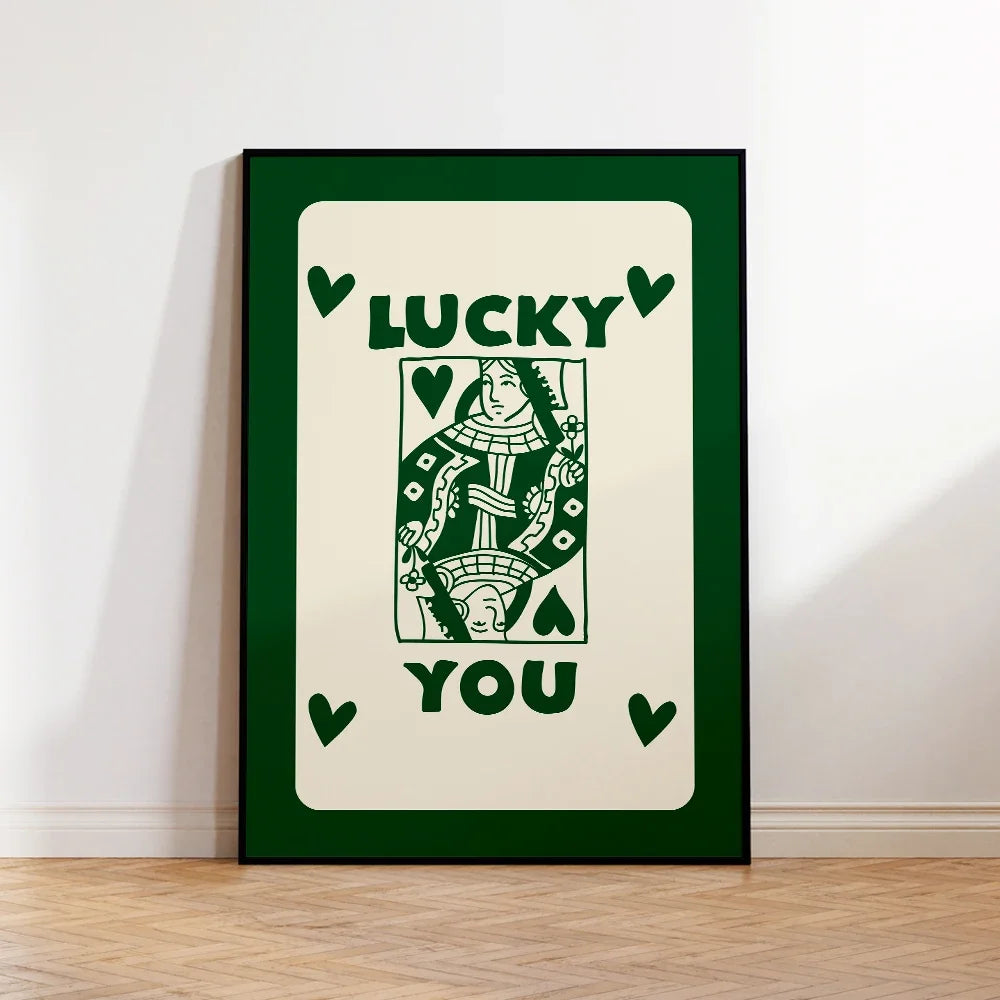 Trendy Retro Aesthetic Green Pink Black Ace Card Lucky You Funny Art Wall Art Canvas Painting Posters For Living Room Home De