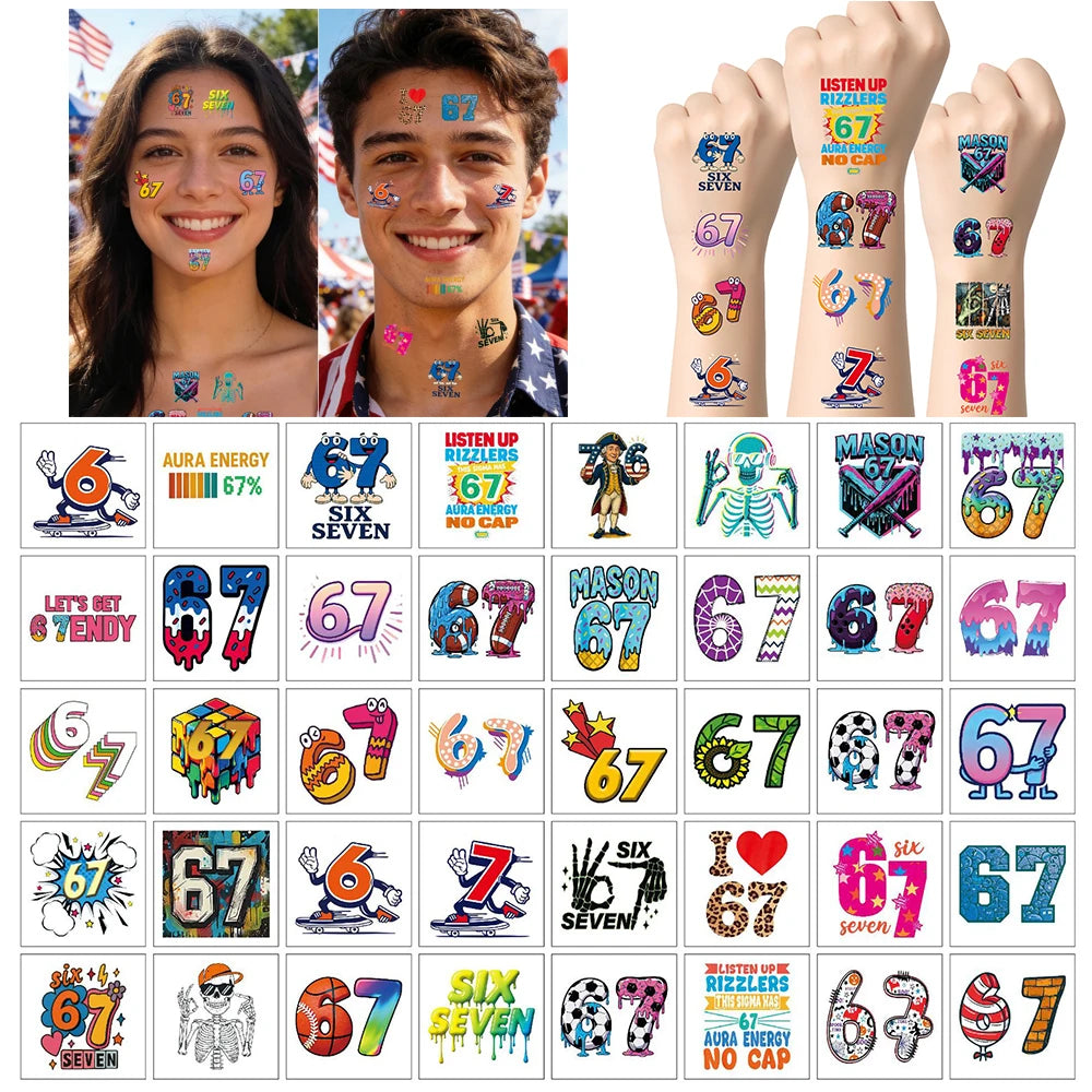 20pcs/set Funny Color 67 Six Seven Temporary Tattoo Stickers For Body Art Tattoo Party Gifts Stickers