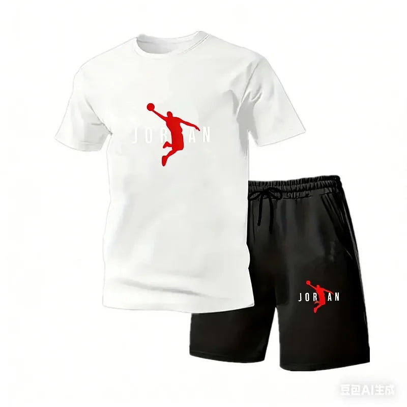 2026 New Jordan Style Men's 2 Piece Set Summer Black Short Sleeve T Shirt Shorts Casual Sports Tracksuits Plus Size S-4XL