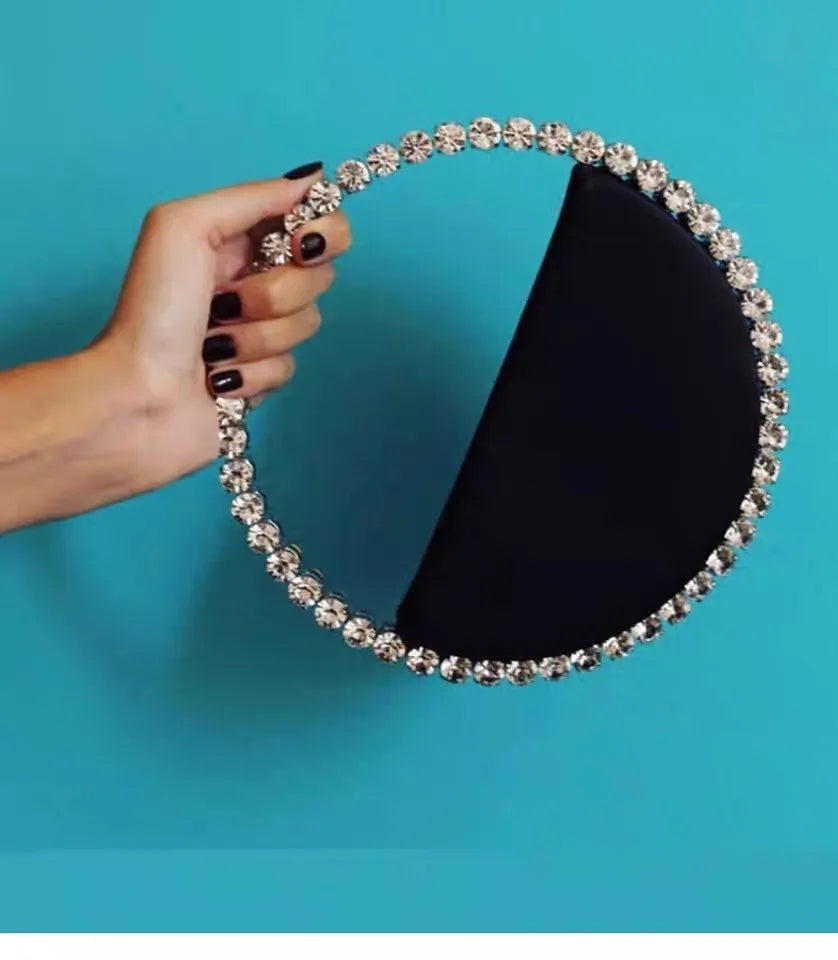 New Arrival Trendy Women Chic Round Satin Crossbody Hand Bag with Round Bling Crystal Handle Evening Party Bag Purse