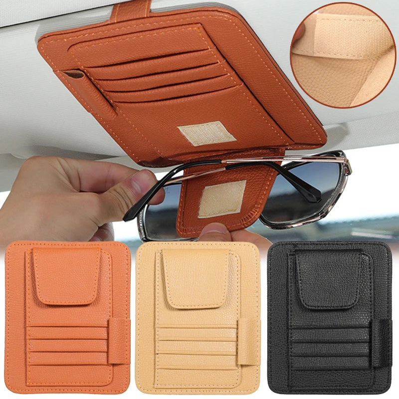 Car Sun Visor Organizer PU Leather Car Document Storage Pouch Pen Holder Multi-Pocket Sunglasses Clip Auto Interior Accessories