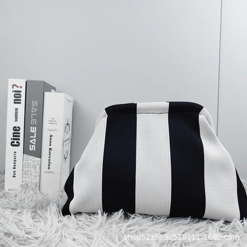 Summer Beach Clutch Purses for Women Crochet Woven Ruched Dumpling Hobo Bag Striped Color Evening Handbag Pool Knit Clutch