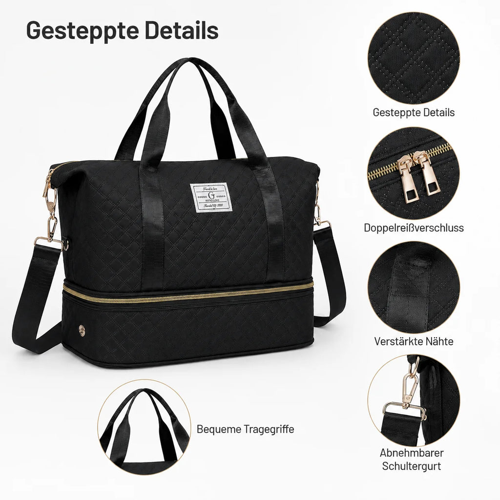 Large Quilted Travel Duffle Bag with Separate Bottom Compartment and Adjustable Shoulder Strap for Weekend and Gym