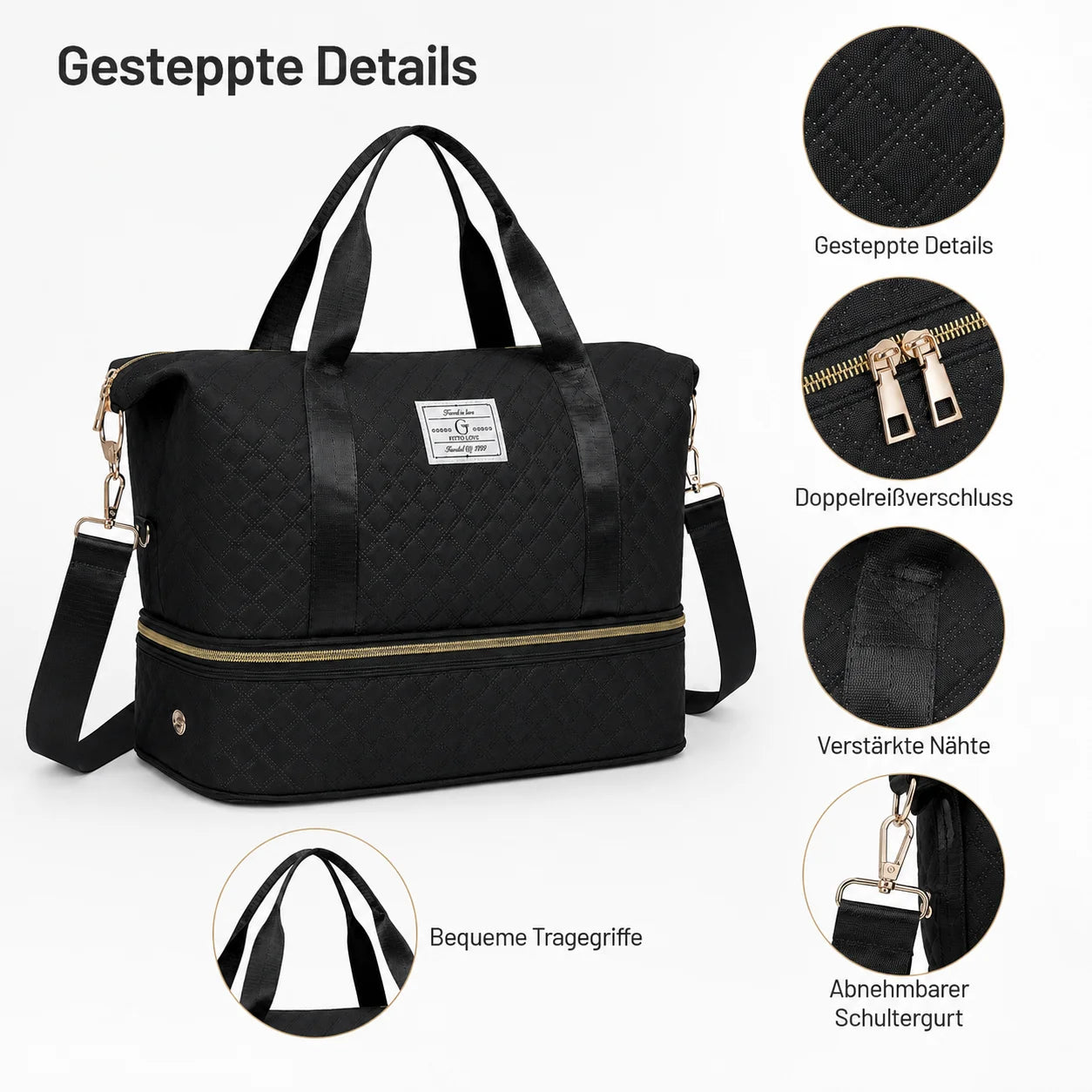 Large Quilted Travel Duffle Bag with Separate Bottom Compartment and Adjustable Shoulder Strap for Weekend and Gym