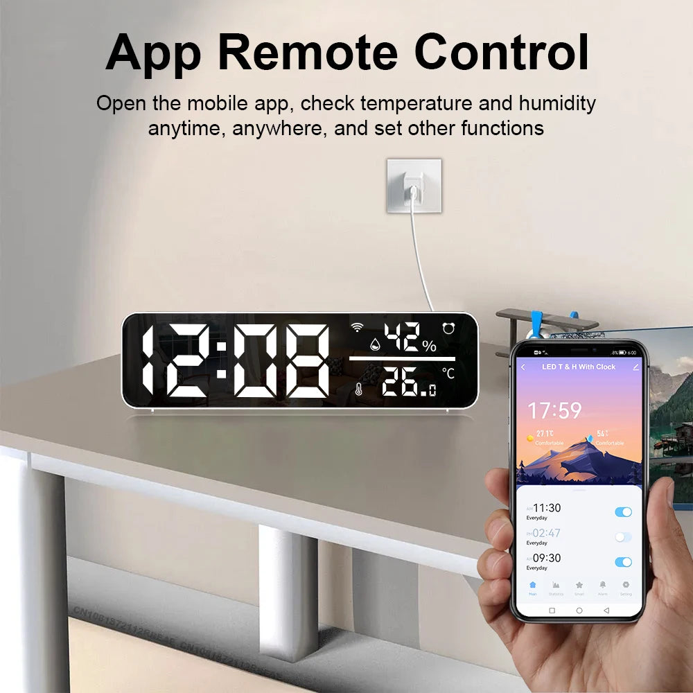 Tuya WiFi Mirror LED ClocksSupport Temperature Humidity Sensor Time Display USB Desktop Alarm Clock for Living Room Decoration