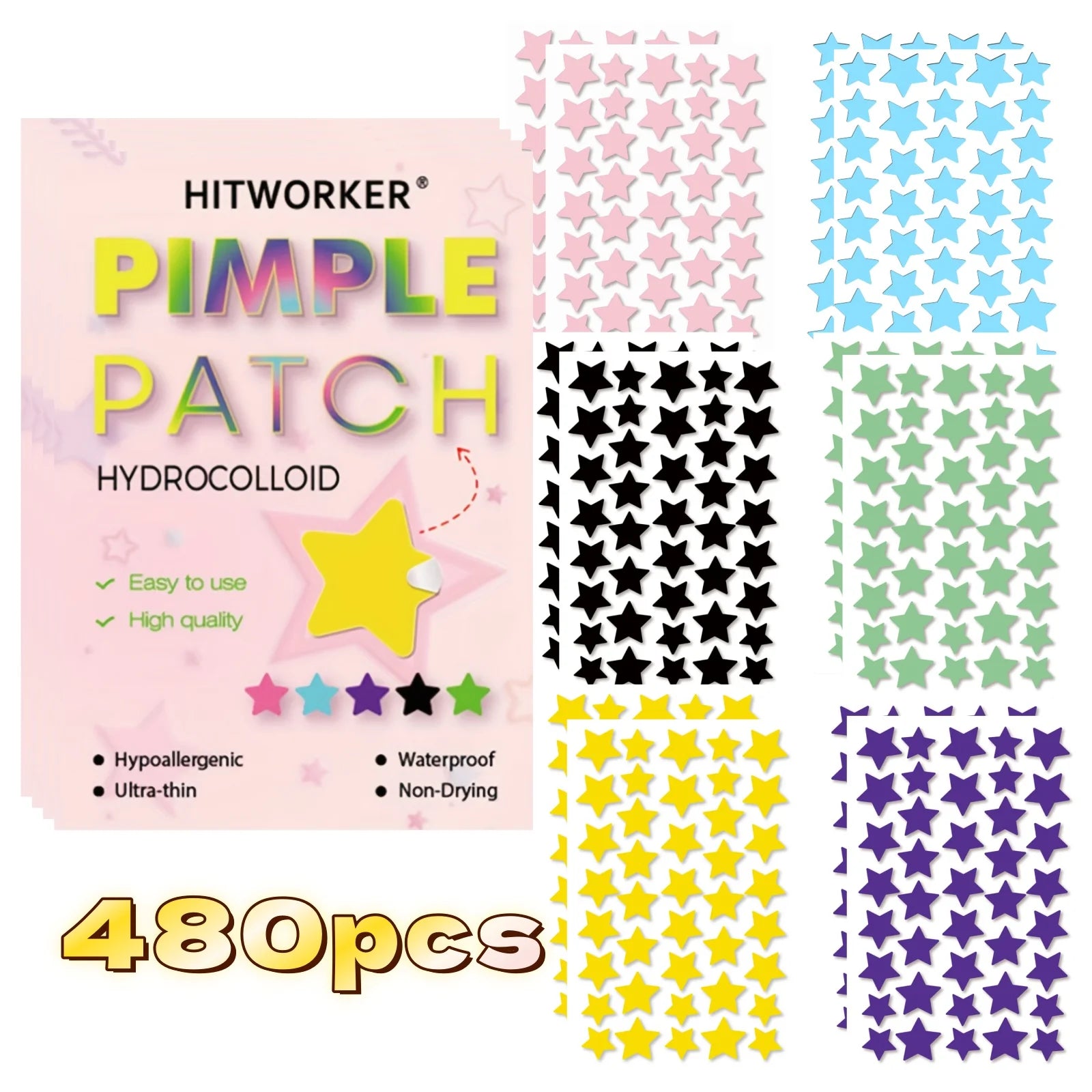 6 Colors 480/960PCS Star-Shaped Hydrocolloid Acne Patches - Cute Star Design, Facial Blemish Coverage