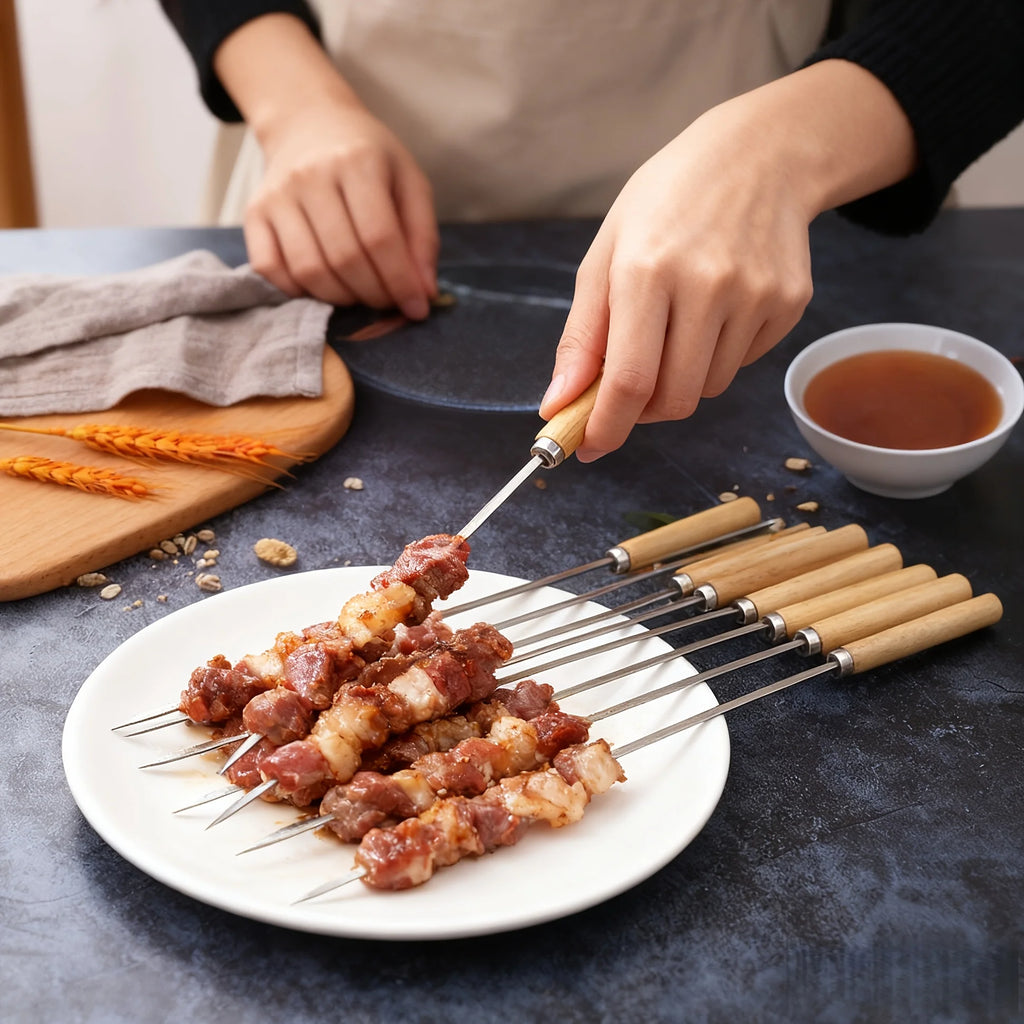 10/15/20 Flat Stainless Steel Skewers with Wooden Handles for Outdoor BBQ, Ideal for Chicken Wings Vegetables BBQ Accessories