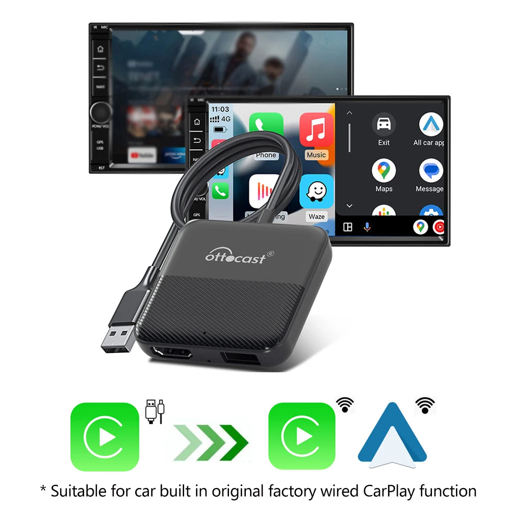 OTTOCAST Express Wireless CarPlay Android Auto Adapter for HDMI Multimedia Video Converter for TV Sticks TV Box Car TV Mate