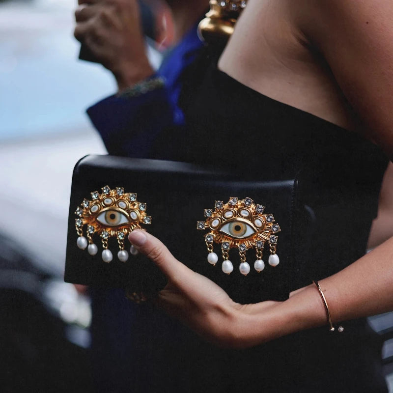 Luxury Designer Clutch Evening Bag Female High Quality Eye Motif Pearl Tassel Crystal Chain-Link Accents Elegant Shoulder Bag