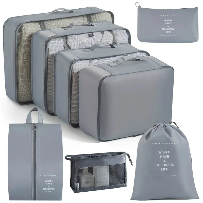 Travel Organizer Set 7/8/9/ Pcs Packing Cubes Suitcase Storage Bags Portable Luggage Tidy Pouch for Clothes & Shoes Folding