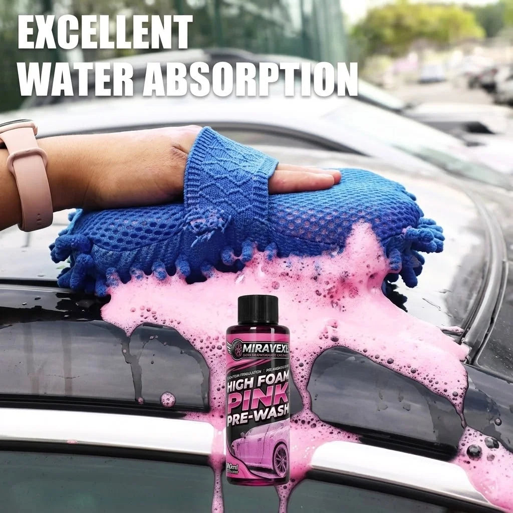 MIRAVEXL High Foam Pink Pre-Wash 100ml Car Care Set, Deep Cleansing Foam Solution, Professional Blue Microfiber Wash Mitt