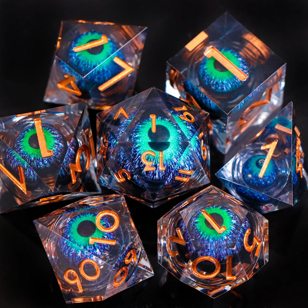 Dragon Eye Dice Set with Full Liquid Core & Sharp Edge | for D&D, Pathfinder RPG | Metallic Resin Dungeon Master Dice | for Gift